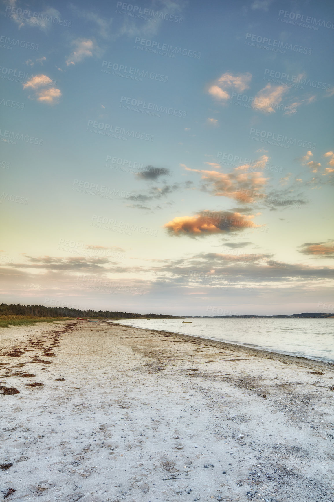 Buy stock photo Beach, sunshine and clouds with environment, horizon and tropical island for summer holiday. Empty, outdoor and ocean with vacation, ecology and destination for getaway trip and location for tourism