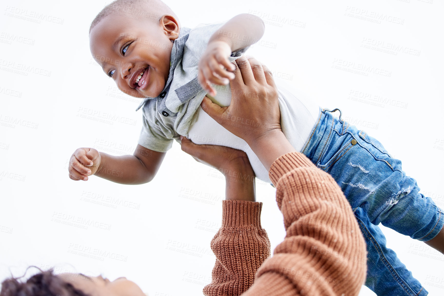 Buy stock photo Mother, lifting baby and playing outdoor, fun and energy with airplane, family for bonding and love. Happiness, comfort and security with playful mood, woman and little boy with flying games and joy