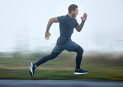 Buy stock photo Happy man, running and speed on mockup in nature for sports motivation, exercise or cardio workout. Male person, runner or athlete exercising on street, road or asphalt for training, run or fitness