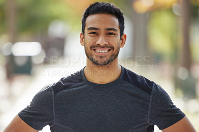 Buy stock photo Happy asian man, portrait smile and fitness for running, exercise or training in the nature outdoors. Fit, active and athlete male person or runner smiling for cardio exercising and healthy wellness