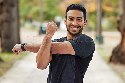 Buy stock photo Happy asian man, portrait and stretching arms in fitness getting ready for running, workout or exercise at the park. Male person or runner with smile in warm up arm stretch, training or run in nature