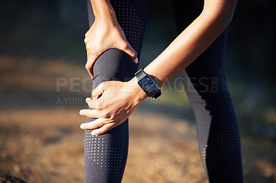 Buy stock photo Hands with knee pain, running injury and fitness with woman outdoor, training and medical emergency with legs. Health, exercise accident from run and female athlete with inflammation and joint ache