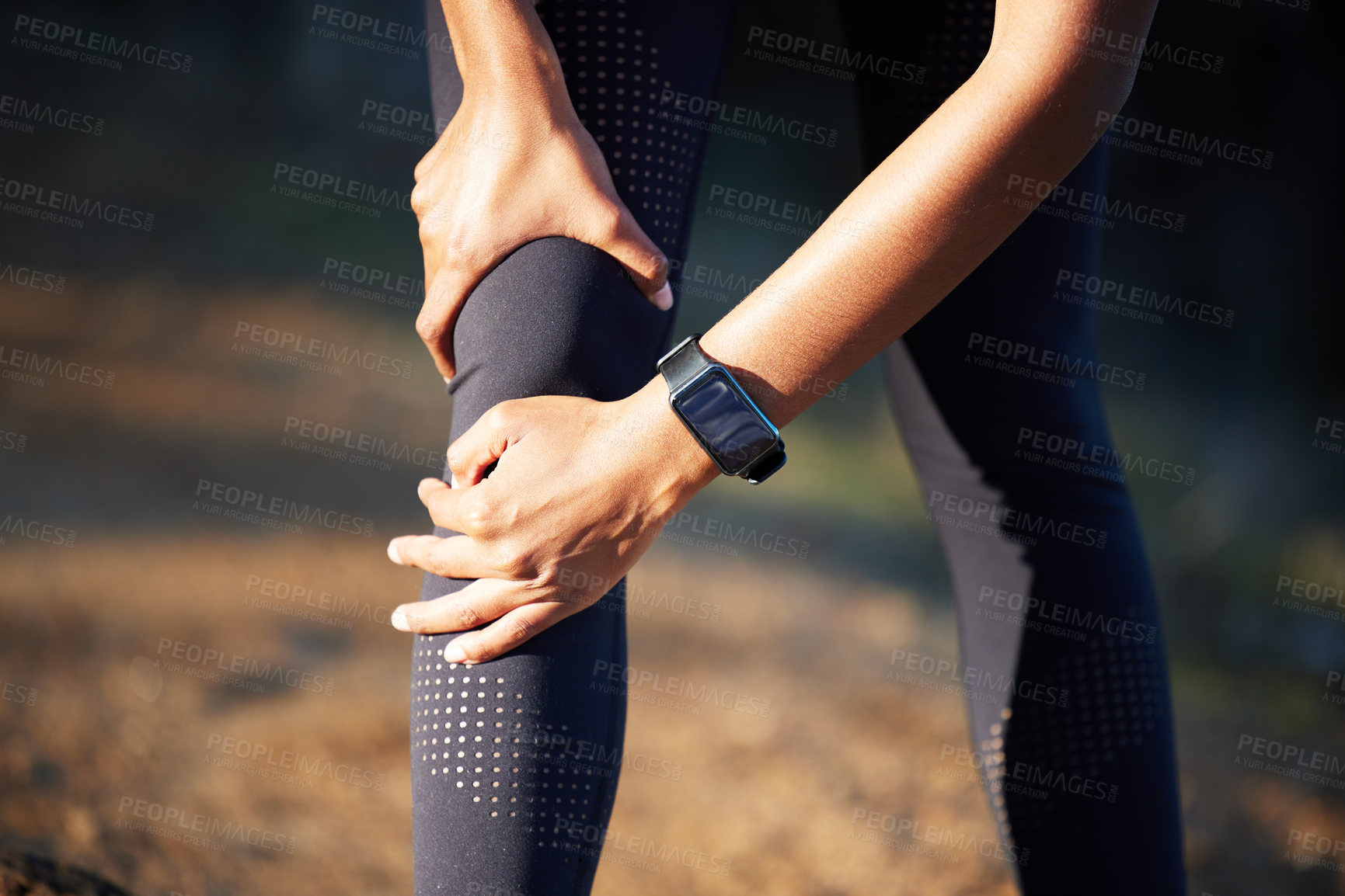 Buy stock photo Hands with knee pain, running injury and fitness with woman outdoor, training and medical emergency with legs. Health, exercise accident from run and female athlete with inflammation and joint ache