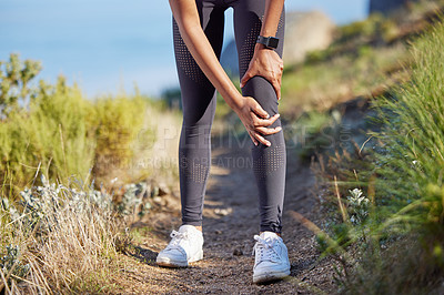 Buy stock photo Knee pain, running injury and fitness with woman outdoor, training and medical emergency with hands on legs. Health, exercise accident from run and female athlete with inflammation and joint ache