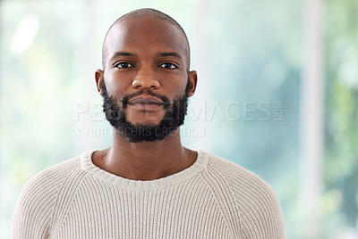 Buy stock photo Black man with serious face in portrait, vision and confidence with empowerment and mockup space. Young African male person, determined with focus and confidence, ambition and casual fashion