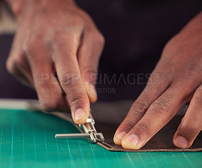 Buy stock photo Shoemaker, hands and closeup to cut leather with tool in workshop for creative skill, small business or craft. Professional, artisan and person win warehouse with material or equipment for diy design