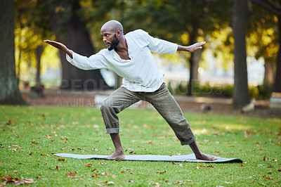 Buy stock photo Man, yoga and action in park for exercise, balance and healing outdoor for health with fitness in the morning. Spiritual, African yogi and pilates for workout, wellness and  self care in nature