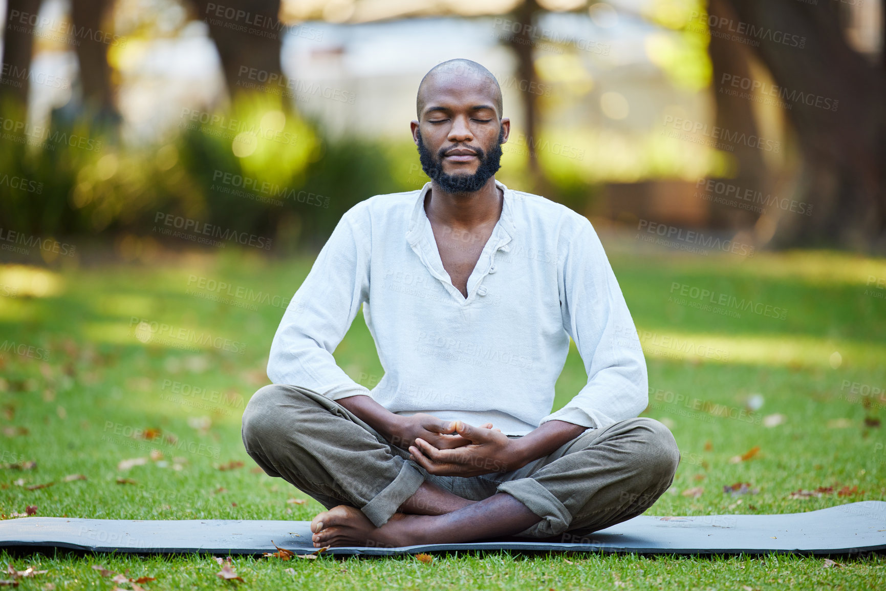 Buy stock photo Black man, meditation and yoga in park for fitness, zen and mindfulness outdoor with health, wellness and calm. Spiritual, balance and holistic healing for aura or soul, energy and peace in nature