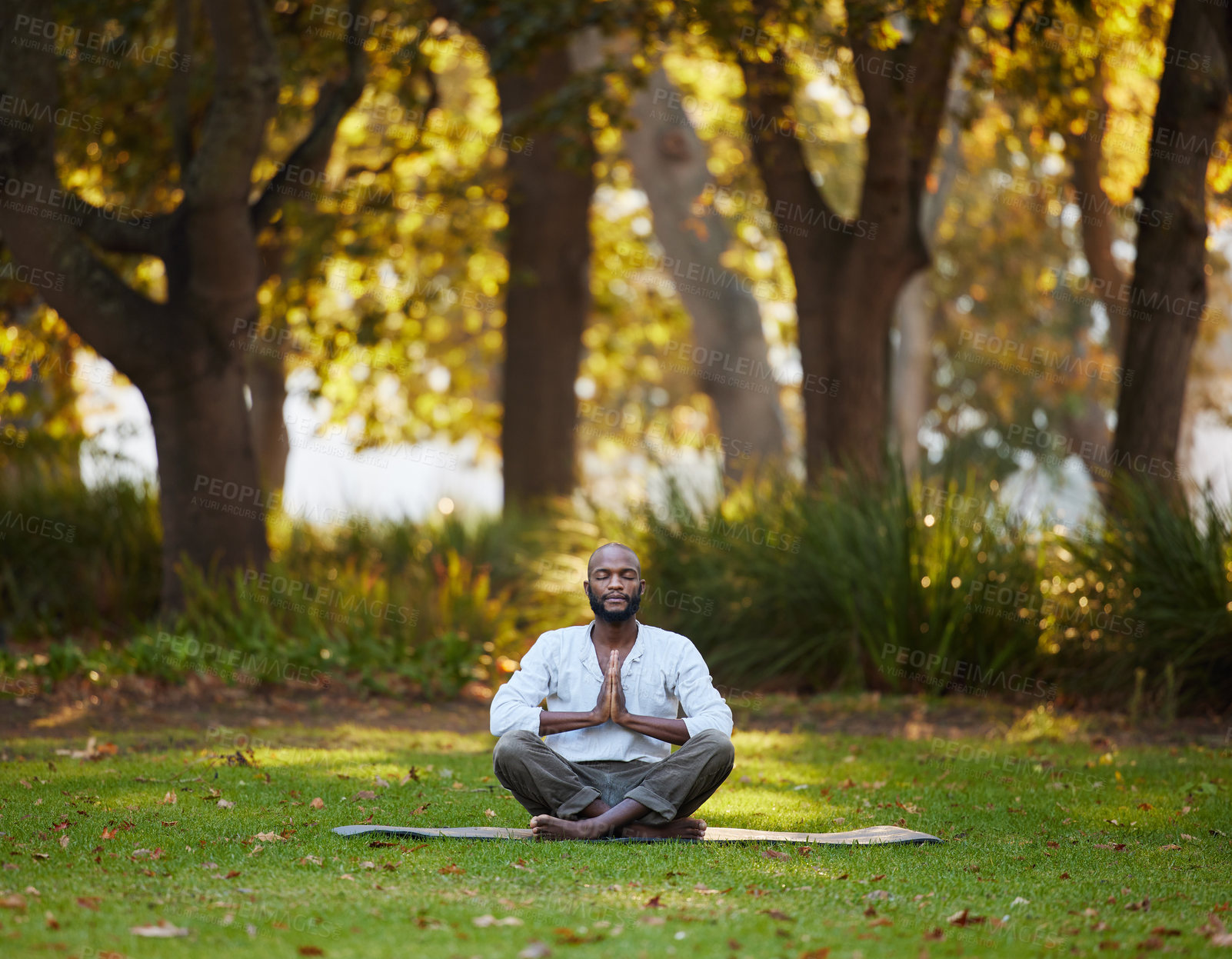 Buy stock photo Black man, meditate and yoga in park for fitness, zen and mindfulness outdoor with health, wellness and calm. Spiritual, balance and holistic healing for aura or soul, energy and peace in nature