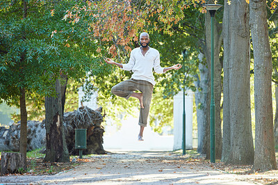 Buy stock photo Man, levitate and meditation with yoga outdoor, portrait or exercise in park with health and healing. Spiritual, flying in air and African yogi with workout, wellness and mindfulness in nature