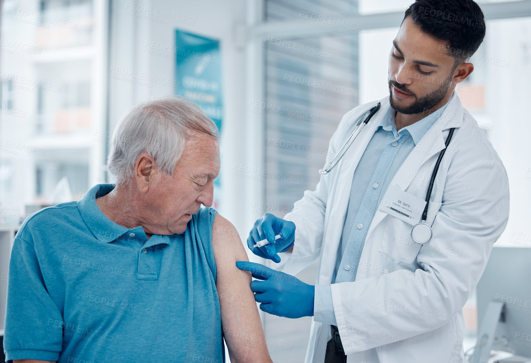 Buy stock photo Doctor, patient and men in clinic with injection for vaccines, cure and prevention for illness. People, pandemic and needle syringe for medical care or treatment to support, help and trust for health