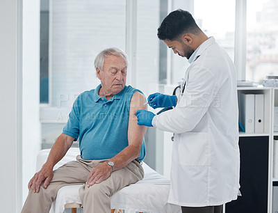 Buy stock photo Doctor, patient and men in clinic with injection for vaccines, cure and prevention for illness. People, pandemic and needle syringe for medical care or treatment to support, help and trust for health