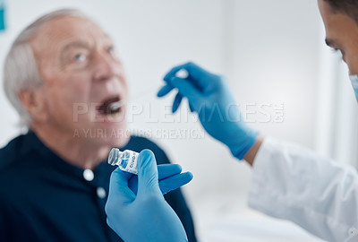 Buy stock photo Man, hands and doctor with vaccine for elderly patient checkup, exam or healthcare appointment at hospital for covid. Medical professional, senior person and protection for sick man for flu at clinic