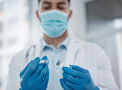 Buy stock photo Man, doctor and hands with vaccine for covid, injection or flu shot in surgery at hospital. Medical professional, nurse and syringe or needle, vial or medicine and treatment at clinic for virus