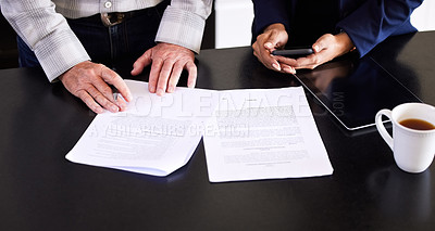 Buy stock photo Hands, paperwork and broker with client for contract, insurance and legal agreement on phone in home. Document, people or agent in negotiation for real estate, loan or finance for mortgage investment