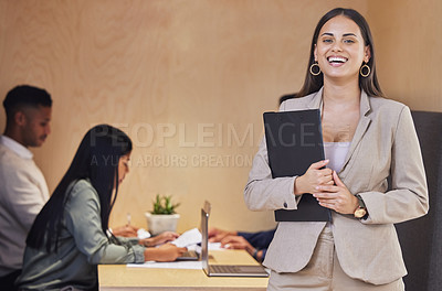 Buy stock photo Business woman, portrait and documents in office with for success, work and team meeting. Editor, crossed arms and smile with publisher, journalist and writer for digital media platform management