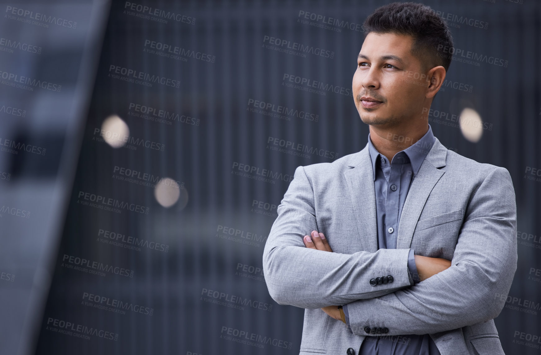 Buy stock photo Arms crossed, thinking and vision with business man in city for future, inspiration or opportunity. Building, confidence and planning with corporate employee in suit with idea for professional career