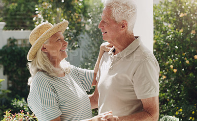 Buy stock photo Mature people, man and woman in patio dancing for bonding, romance and love in relationship. Elderly couple, marriage and fun in garden or weekend with smile, happiness and affection with trust 