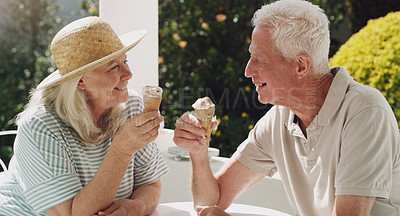 Buy stock photo Senior, couple or ice cream in garden with talk for retirement, planning vacation for anniversary. Husband, wife or old on patio for conversation with gelato, sunshine in summer with partner in home