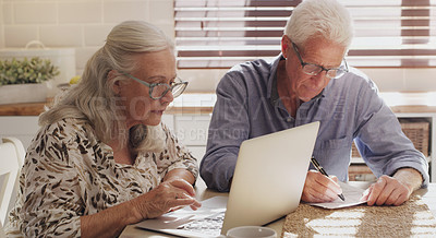 Buy stock photo Elderly couple, laptop and kitchen for research, financial budget and online investment for mortgage payment in retirement. Man, woman and serious with tech and paperwork or planning internet banking