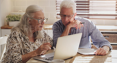 Buy stock photo Senior couple, laptop and kitchen table with paper budget for investment profit, retirement and speaking. Tech, document and mature man with woman talking in house for insurance, debt and online loan