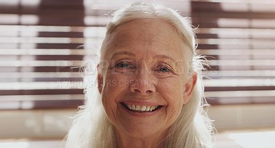 Buy stock photo Senior woman, portrait and closeup in house by kitchen for retirement, memories and happiness. Elderly person, face and relax in nursing home on pension for mothers day, peace and calm with smile