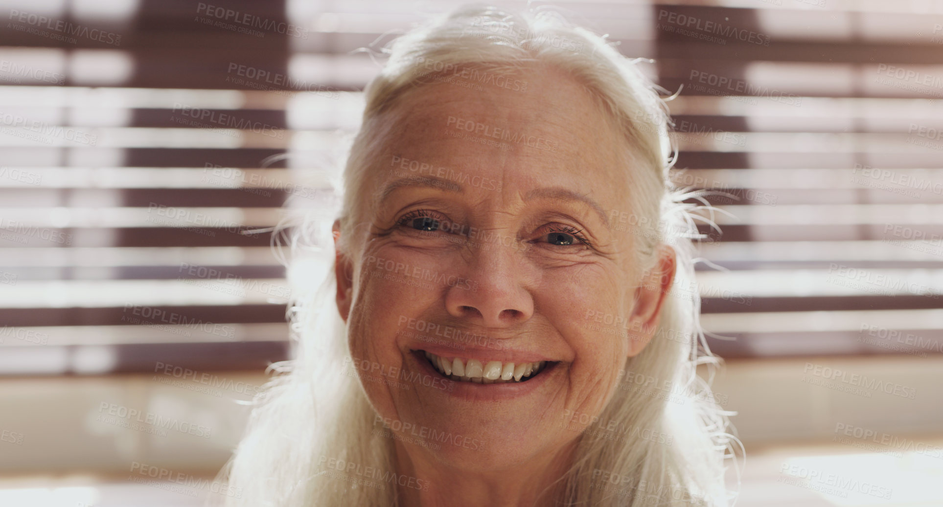 Buy stock photo Senior woman, portrait and closeup in house by kitchen for retirement, memories and happiness. Elderly person, face and relax in nursing home on pension for mothers day, peace and calm with smile