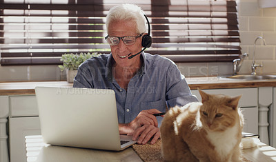 Buy stock photo Computer, cat and man with headset in home with customer service consultation for online crm. Technology, pet and mature male technical support or telemarketing agent working on laptop in kitchen.