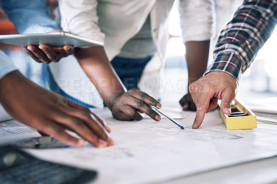 Buy stock photo Business people, hands and blueprint for construction, planning or architect teamwork at office desk. Closeup of engineering team pointing to floor plan for architecture building or strategy on site