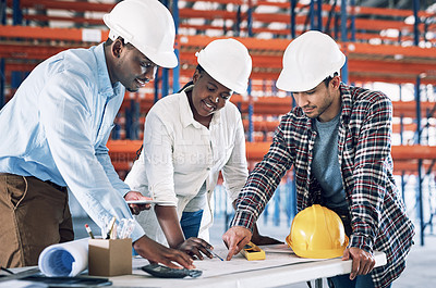 Buy stock photo Happy people, architect and meeting on blueprint for construction, planning or collaboration on site. Group in teamwork engineering for floor plan, architecture project or building strategy