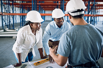 Buy stock photo People, architect and blueprint in team construction, planning or architecture layout on site. Engineer group or contractor in meeting discussion on floor plan, brainstorming or building strategy