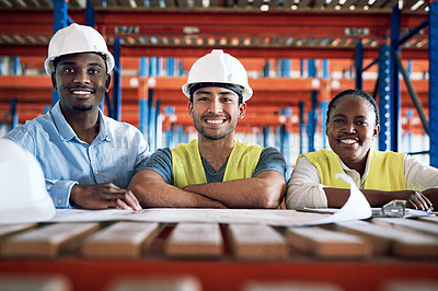 Buy stock photo Business people, architect and portrait with blueprint for construction, planning or documents on site. Happy group of contractors smiling in teamwork for industrial architecture or building strategy