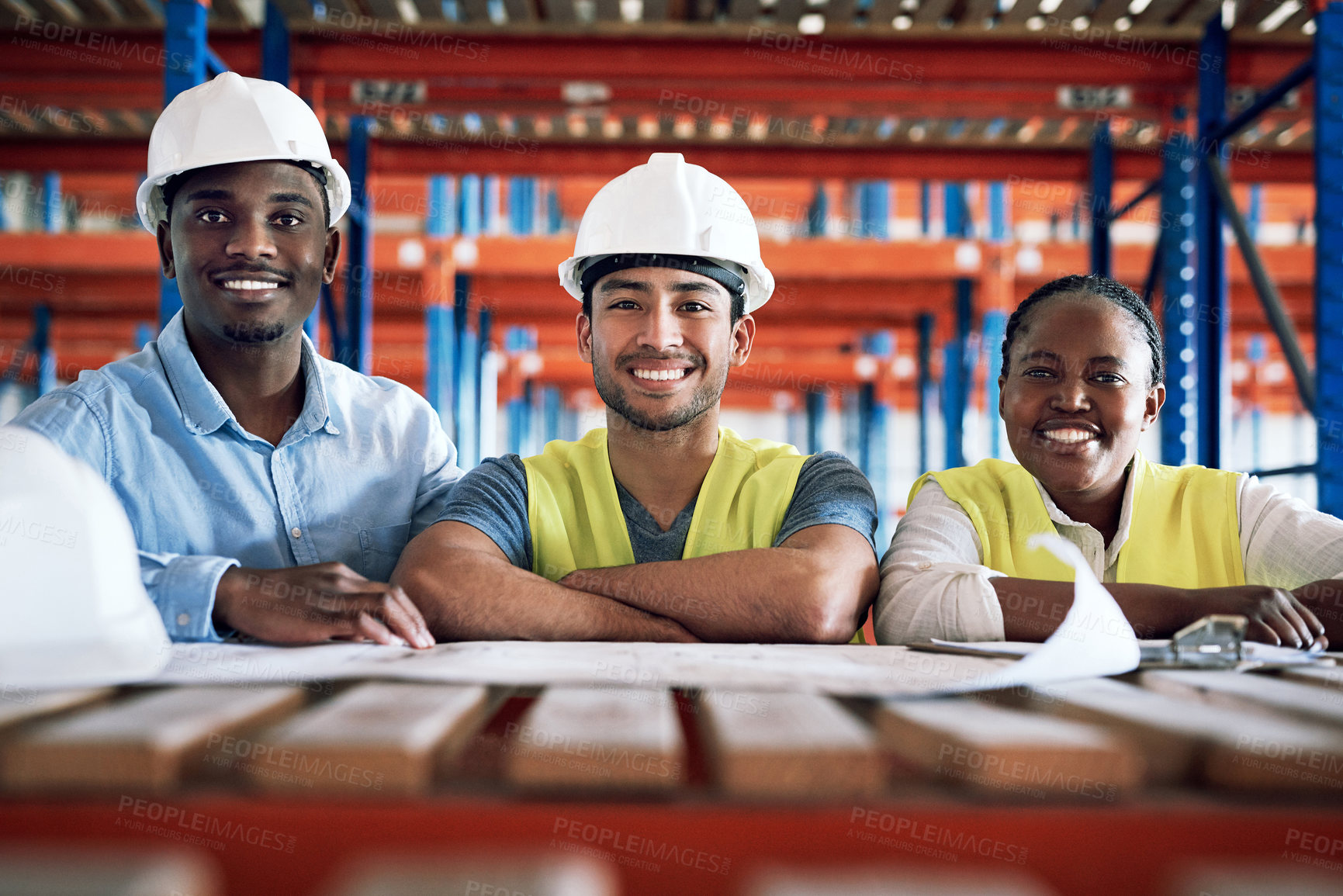 Buy stock photo Business people, architect and portrait with blueprint for construction, planning or documents on site. Happy group of contractors smiling in teamwork for industrial architecture or building strategy