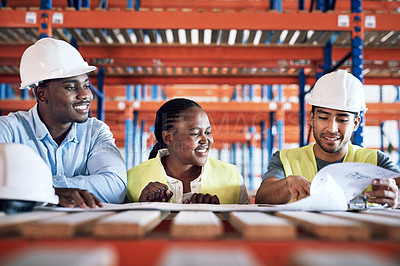 Buy stock photo Architect, team and blueprint documents for construction, strategy or engineer planning on site. Happy group of contractors smiling in teamwork for industrial architecture, building or project plan