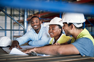 Buy stock photo Engineer people, architect and blueprint in planning for construction, team strategy or brainstorming on site. Happy contractor in teamwork, project plan or collaboration for industrial architecture