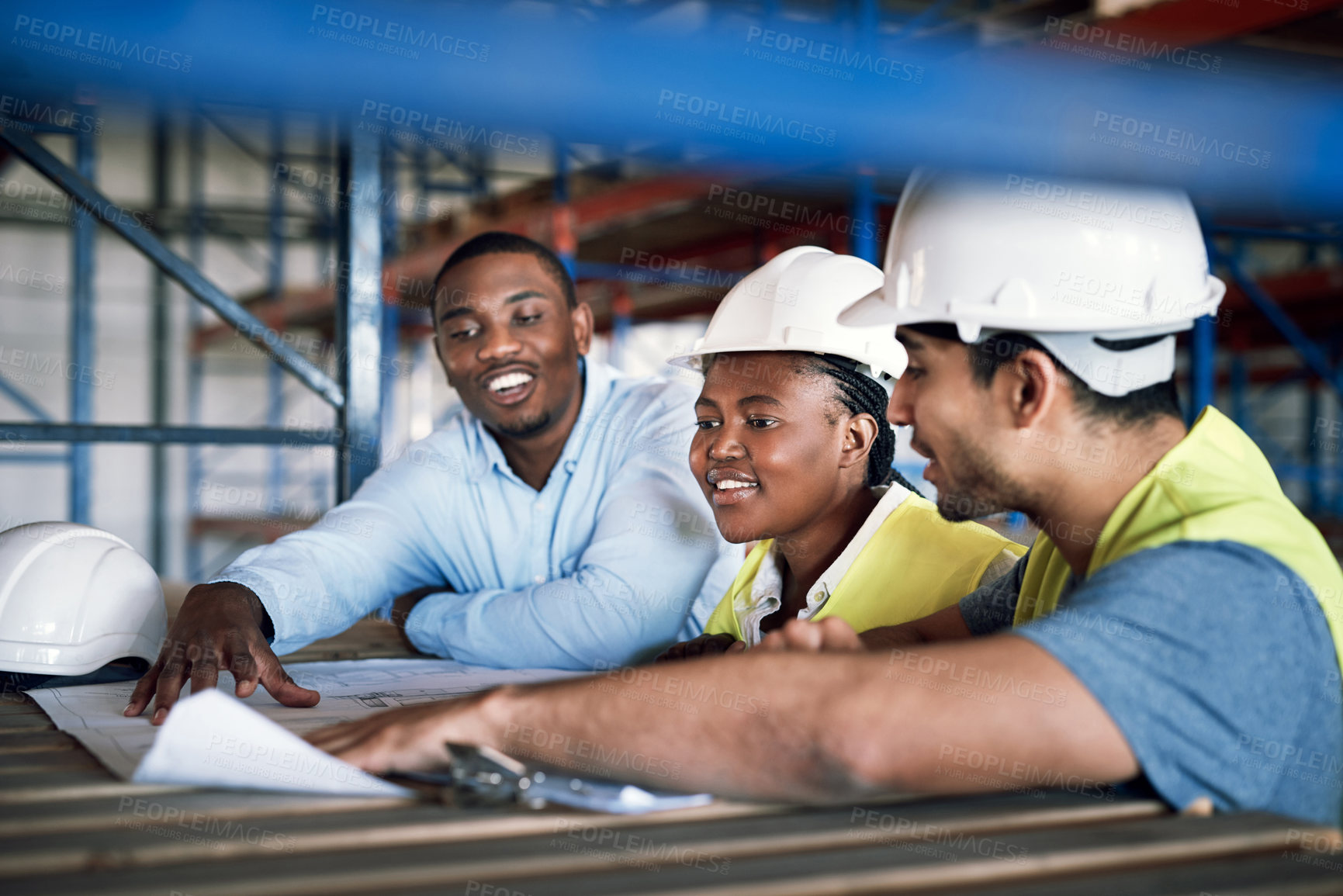 Buy stock photo Engineer people, architect and blueprint in planning for construction, team strategy or brainstorming on site. Happy contractor in teamwork, project plan or collaboration for industrial architecture