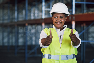 Buy stock photo Black woman, architect and portrait with thumbs up in construction for success, good job or winning on site. Happy African female person engineer showing thumb emoji, yes sign or like in architecture
