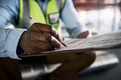 Buy stock photo Man, architect and hands writing on checklist for inventory, inspection or construction paperwork on site. Hand of male contractor working on documents for planning, architecture or idea strategy
