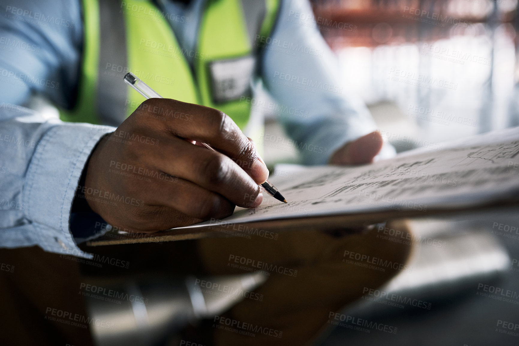 Buy stock photo Man, architect and hands writing on checklist for inventory, inspection or construction paperwork on site. Hand of male contractor working on documents for planning, architecture or idea strategy