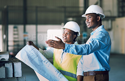Buy stock photo Black people, architect and blueprint in construction, planning or teamwork for project management on site. African man and woman contractor with floor plan and documents for industrial architecture