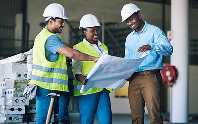 Buy stock photo Engineer people, blueprint and documents in team construction, planning or strategy on site. Architect group in teamwork discussion, collaboration or building floor plan for industrial architecture