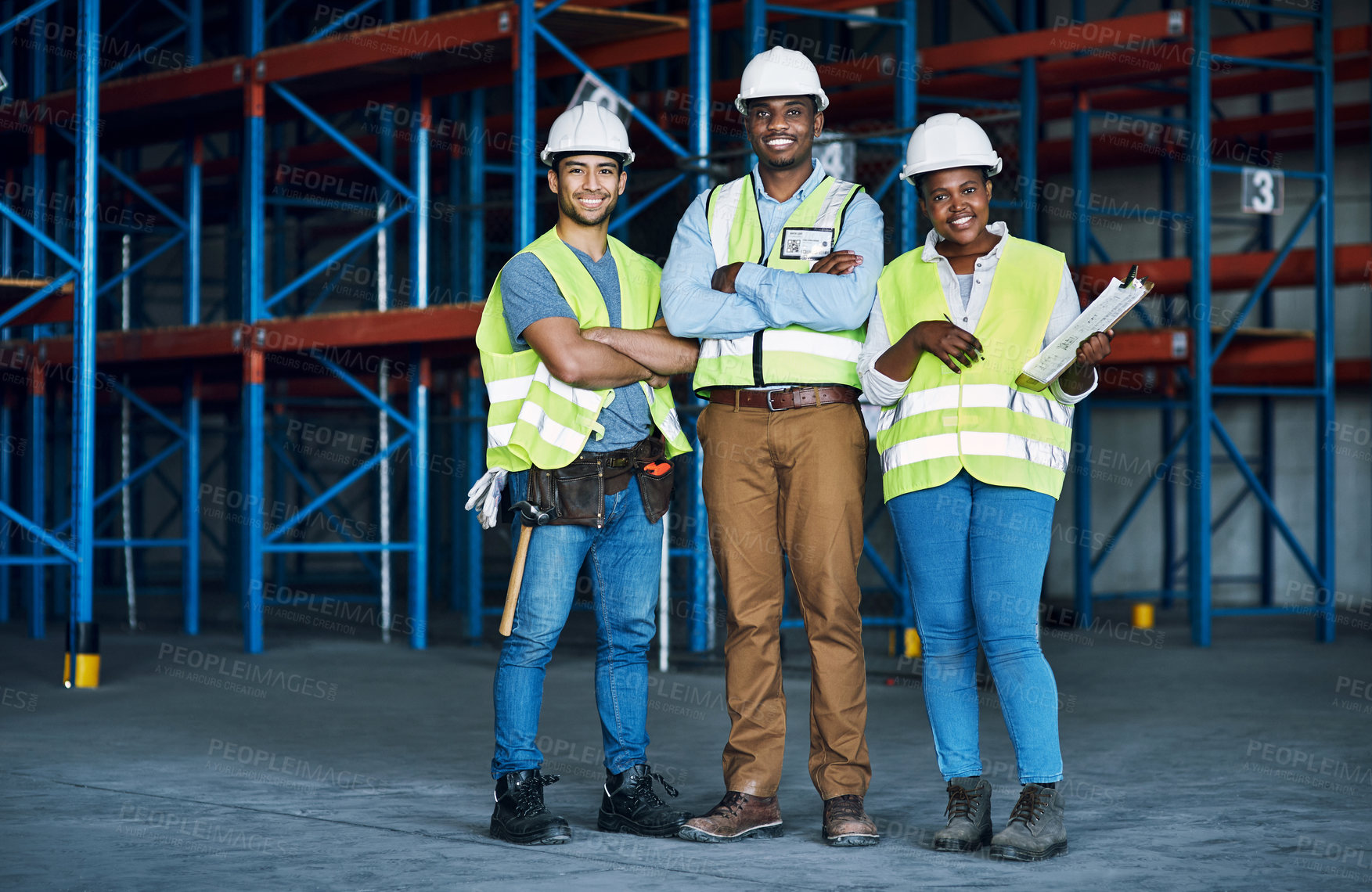 Buy stock photo Portrait of a group of builders working at a construction site