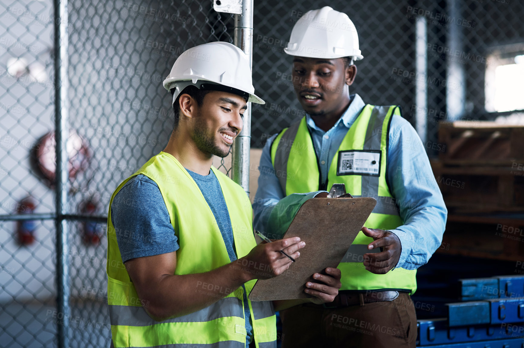 Buy stock photo Shot of two builders inspecting a construction site