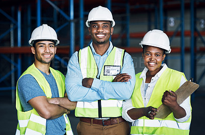 Buy stock photo Portrait of a group of builders working at a construction site