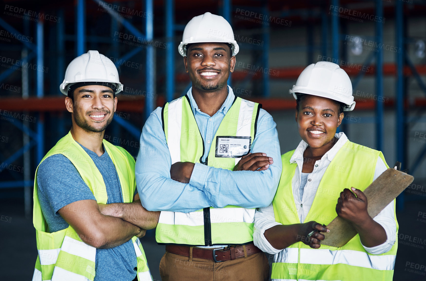 Buy stock photo Portrait of a group of builders working at a construction site