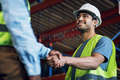 Buy stock photo Happy man, architect and handshake for construction, building or hiring in teamwork or partnership on site. Business people shaking hands in recruiting, architecture agreement or contractor deal