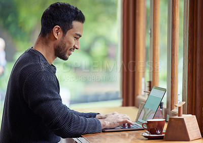 Buy stock photo Man, laptop and typing in coffee shop for remote work with smile, profile and creativity for media agency. Writer, computer and reading screen for story, editing or freelance copywriting in cafeteria