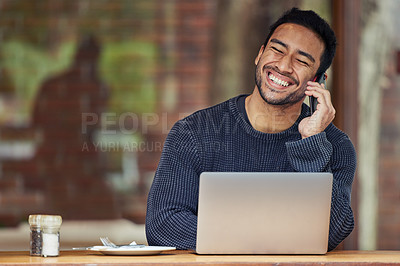 Buy stock photo Man, phone call and laptop in cafe for remote work with smile, contact or agreement at media agency. Writer, computer and smartphone for story, talk or deal for freelance copywriting in coffee shop
