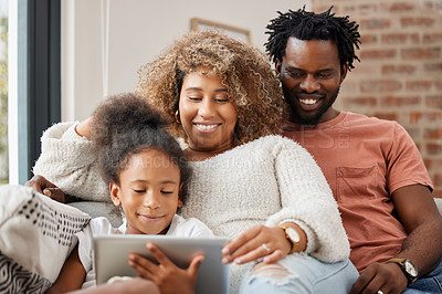 Buy stock photo Mother, father and daughter with tablet for education, gaming or streaming on sofa of living room in home. Smile, tech and black family with girl kid in apartment for homework or online research