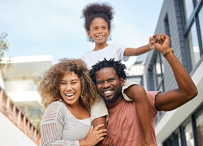 Buy stock photo Outdoor, African mother and father with daughter, city and together with love, smile and summer. Building, woman and man with girl, happiness and joy in Brazil, kid and child with parents in trip